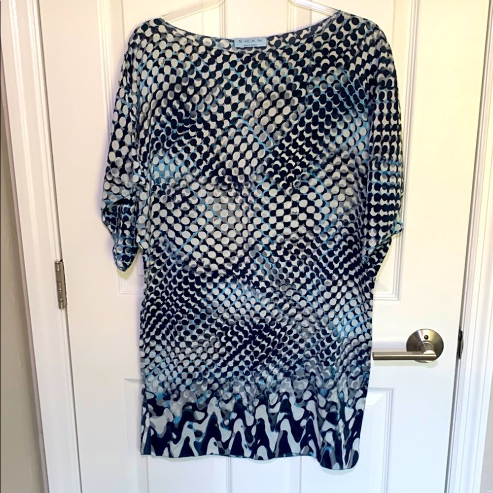 Shan silk tunic blouse blue gray and white